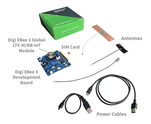XBee 3 Development Board, Antennas, SIM Card, XBee 3 module, USB cords