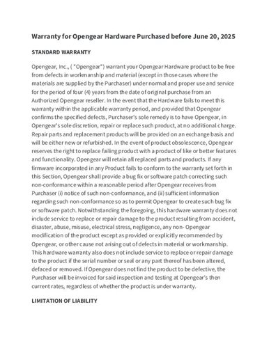 Opengear 产品保修封面页
