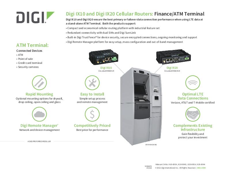 Digi IX10 和 Digi IX20 蜂窝路由器：金融/ATM 终端
