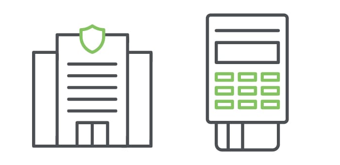 带有盾牌图标和支付终端的安全建筑